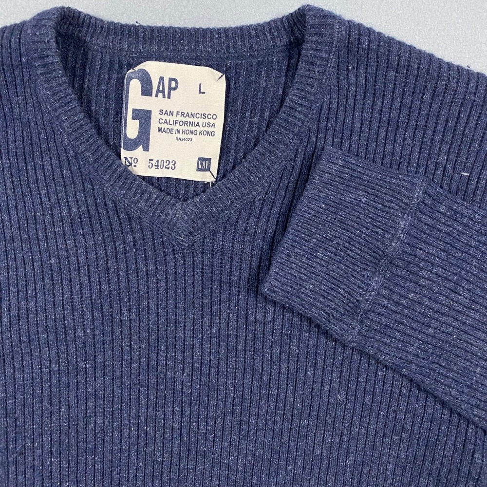 Vintage Y2K Gap Mens Large Navy Blue Ribbed V-Neck Sweater Wool‎ Blend Knit